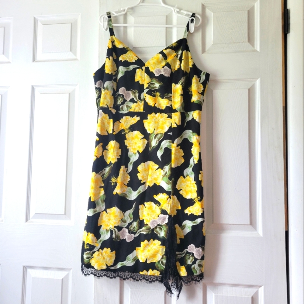 NWT Grace Karin yellow & black floral midi dress slit and lace detail si…